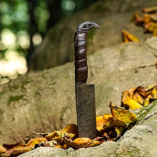 Miniatura 6 de Cuchillo Odin's Raven estilo vikingo nórdico de 10.3" - Hoja de acero al carbono forjada a mano de 6.5", empuñadura con cabeza de cuervo y funda de