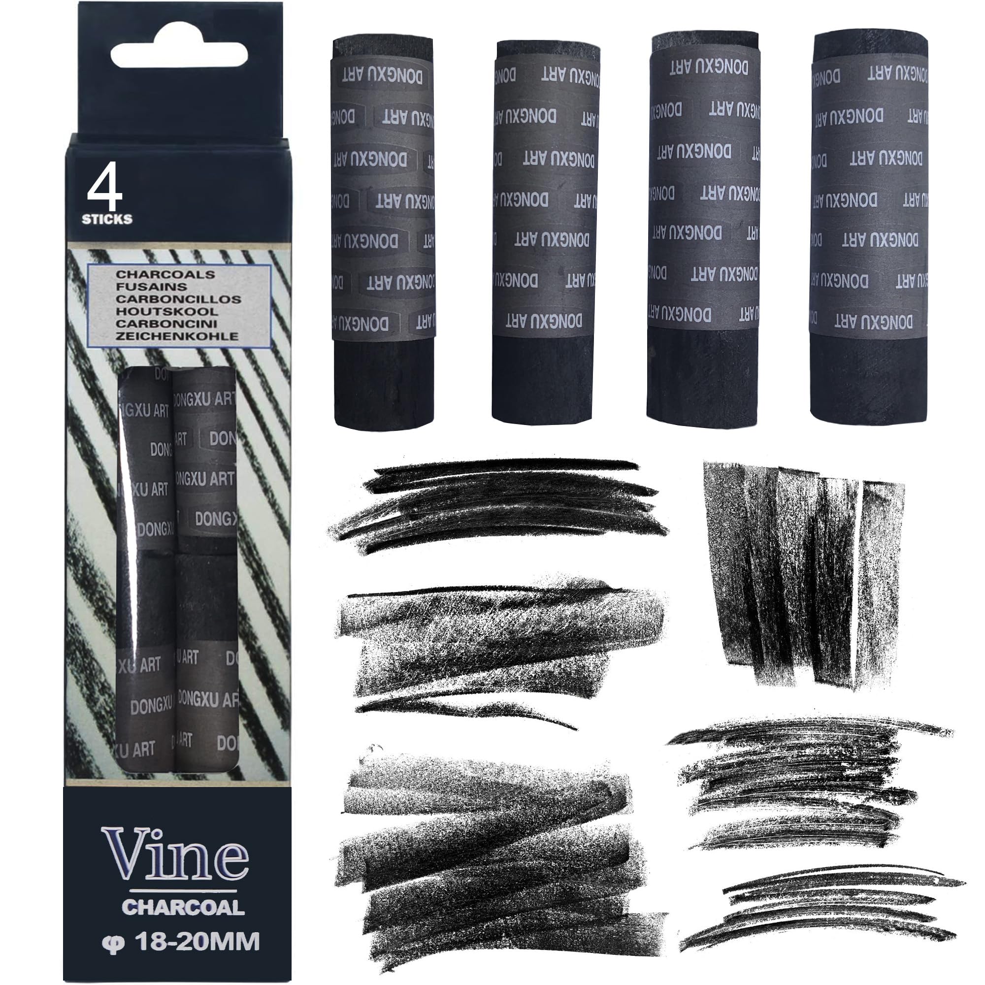 Dlicoda Vine Charcoal Sticks, 18-20 MM Jumbo Vine Charcoal Pencils for Artists, Beginners, 4 Pcs Natural Charcoal Stick for Sketching, Drawing, and