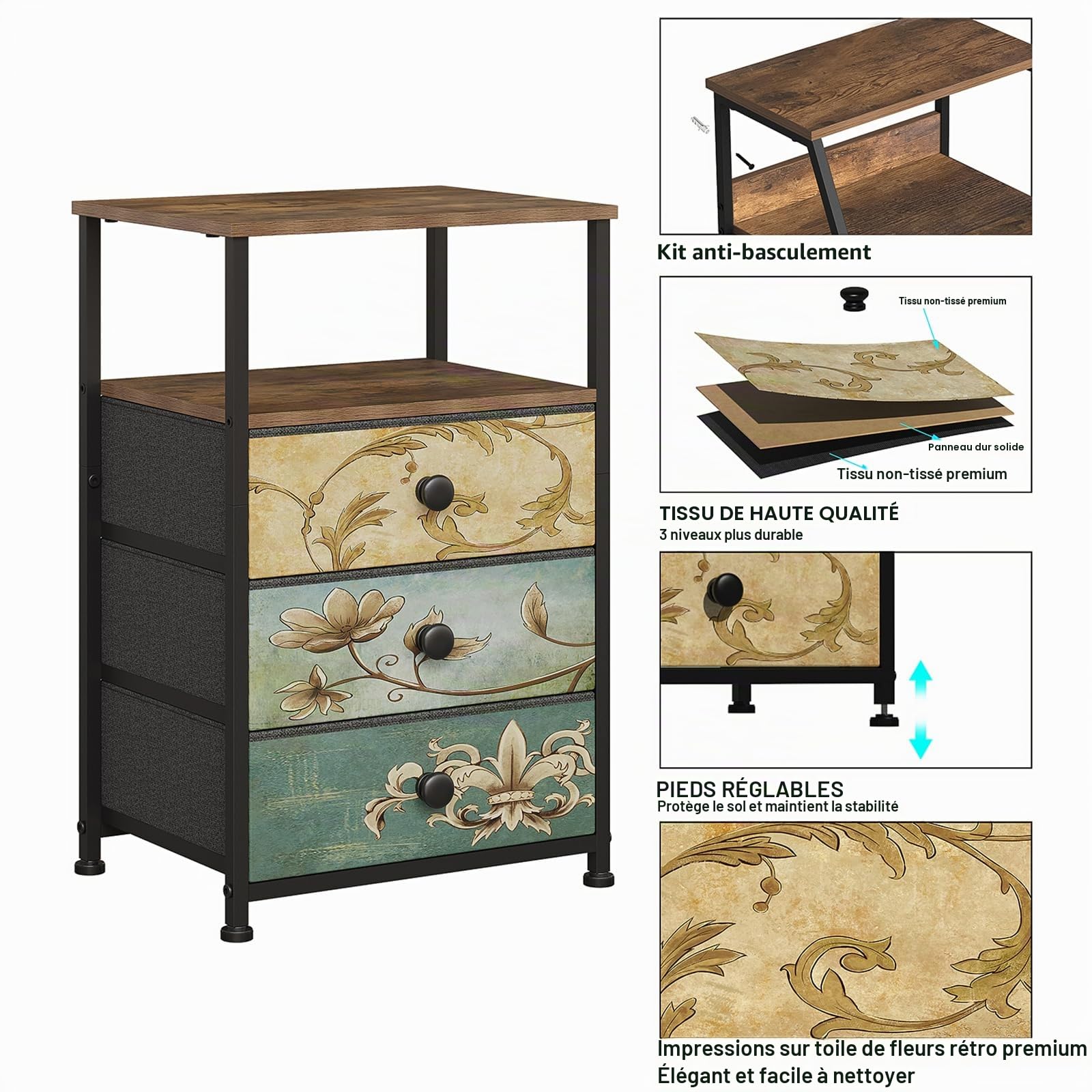 VEDECASA Commode avec 3 tiroirs et étagère ouverte Armoire commode Coiffeuse bohémienne Armoire de rangement Table de chevet Table d'appoint pour salon chambre à coucher Cadre en acier stable Plateau