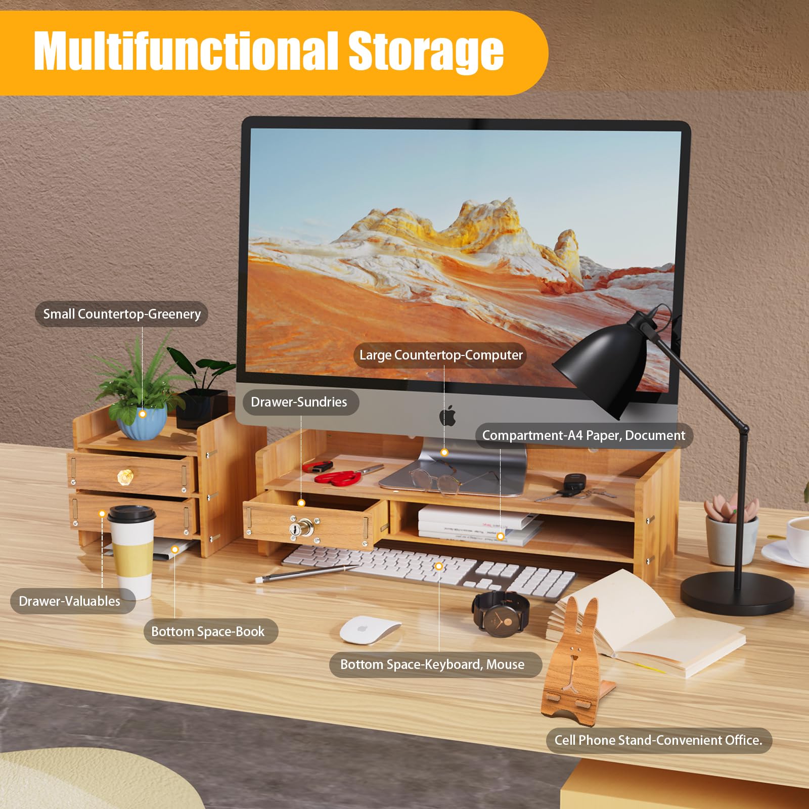 Organizer da scrivania in legno, 65,5 x 20 x 13,5 cm, supporto da scrivania con cassetto, con serratura e 2 tasti, per scrivania