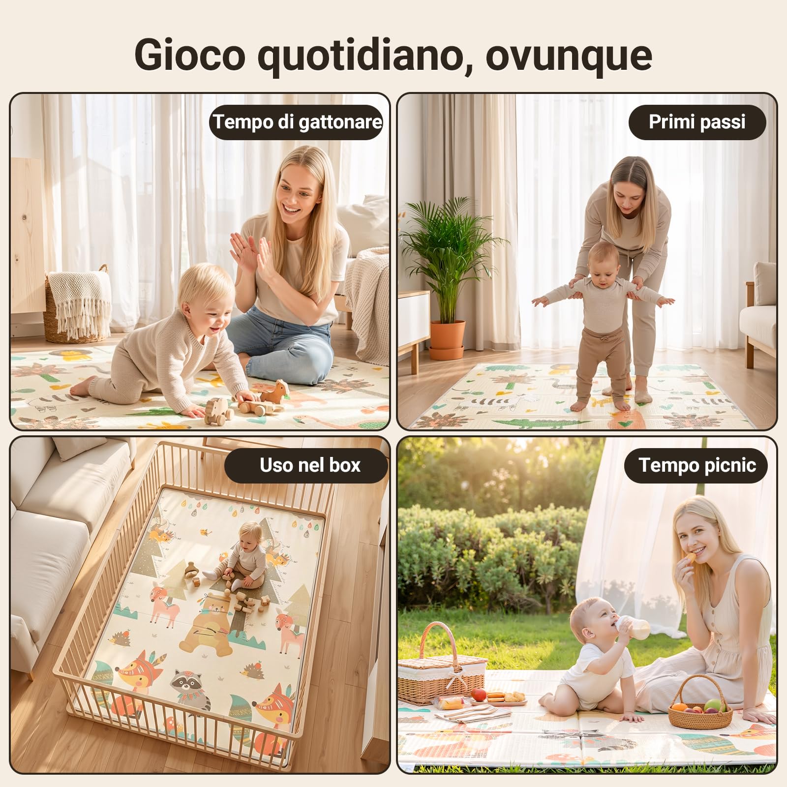 COSYLAND Tappeto Gioco Bambini Pieghevole Neonato - Tappeto Gioco Neonato Impermeabile Morbido 150 x 180 x 1cm,Tappetino per Attività, Schiuma Sicura, Reversibile, Regalo Bambino (Animali)
