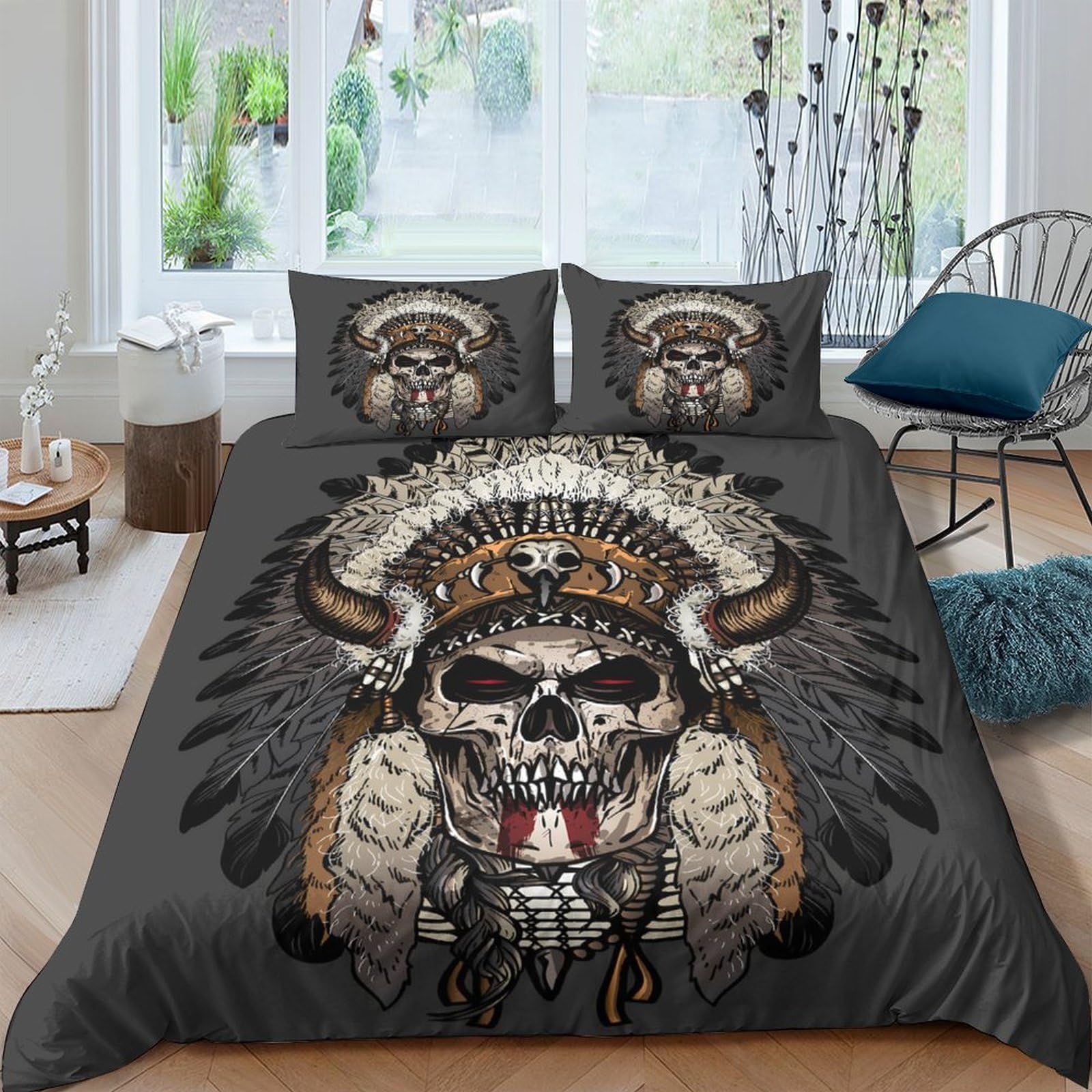 Ctjqhvkz Style-10 3D Printed Skull Headdress Fitted Sheet Microfiber Soft Dark Artistic Feather Bed Cover For Bedroom Dorm Decor Single（135X200cm）