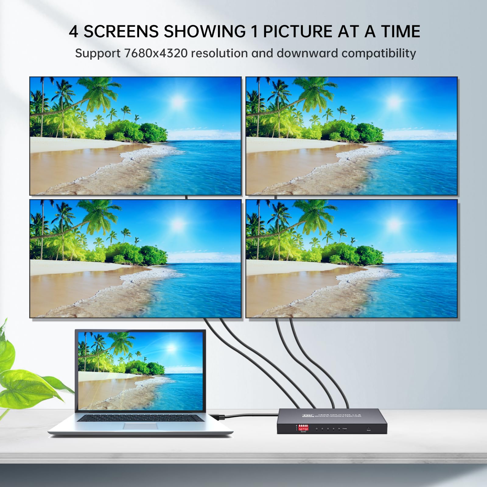 Divisor HDMI 8K 1 en 4 salidas 4K120Hz, divisor HDMI 2.1 1x4 8K60Hz, modo EDID Downscaler, sincronización de luz hue, compatible con Xbox Series X, PS4 Pro, PS5, reproductor Blu-ray