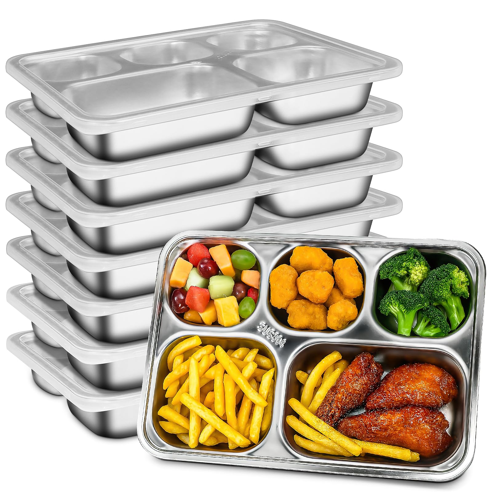 Lot de 8 assiettes divisées en acier inoxydable avec couvercle, boîte à goûter rectangulaire divisée à 5 compartiments pour enfants, assiette à portions en métal pour adultes, camping, école