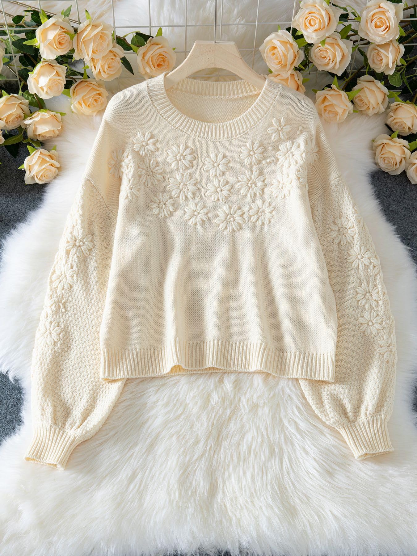 Maglione da donna lavorato a maglia grossa oversize manica lunga lanterna girocollo pullover caldo alla moda autunno inverno