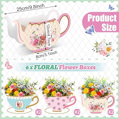 Miniatura 2 de Yinder 6 piezas de decoración para fiesta de té, cajas de flores para fiesta de princesa, pieza central de tetera floral para fiesta temática de té,