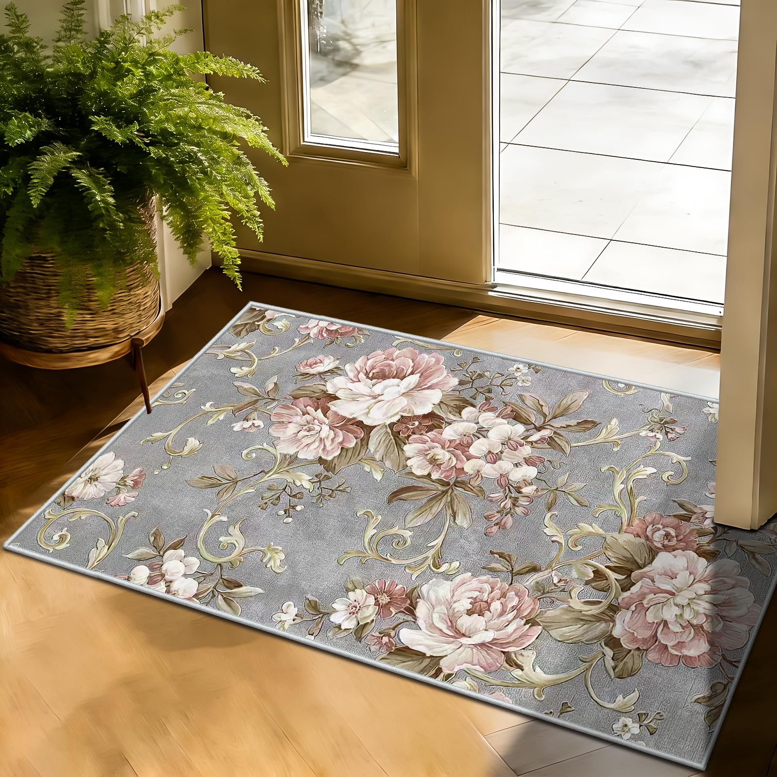 WQMMD Washable Area Rug 60x90cm - vintage Floral Pattern Short Pile Non-Slip Carpet,Pink Flower Design, Small Indoor Grey Rug for Front Door Entryway Hallway Bedroom Welcome Mat