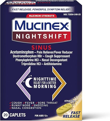 Mucinex Nightshift sinus, potente alivio nocturno multisíntoma, 20 cápsulas de liberación rápida, alivio del dolorreductor de fiebre, supresor de