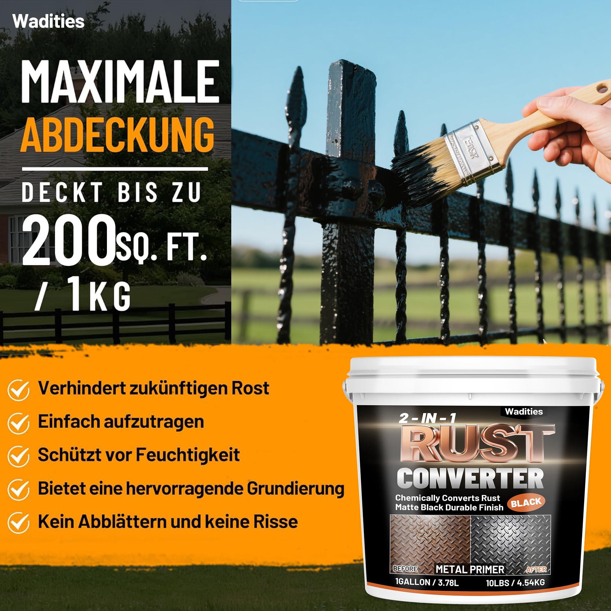 Wadities 2-in-1 Rostumwandler & Metall Grundierung, 4.54kg Mattschwarze Rostschutzfarbe für Metall, Auto Rostentferner & Versiegelung, Langlebige Hitzebeständig Rost Reparatur Set