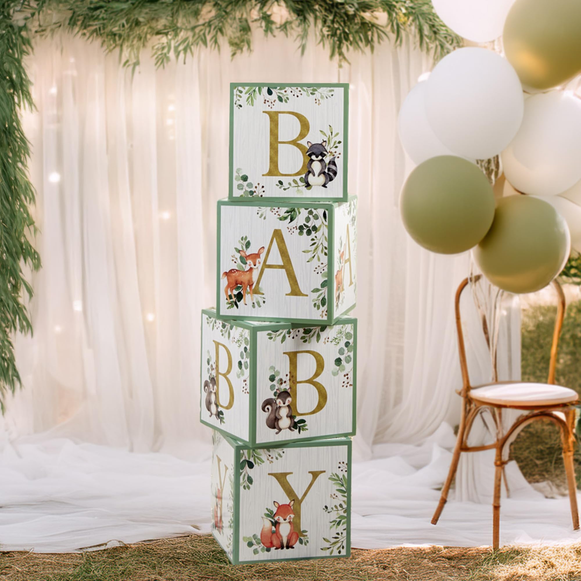 Kate Aspen Woodland Baby Boxes With Letters For Baby Shower Decorations, Gender Reveal Decoration, Photo Prop & Forest Animal Nursery Decor (Set of 4 Stackable Blocks Spells B-A-B-Y)