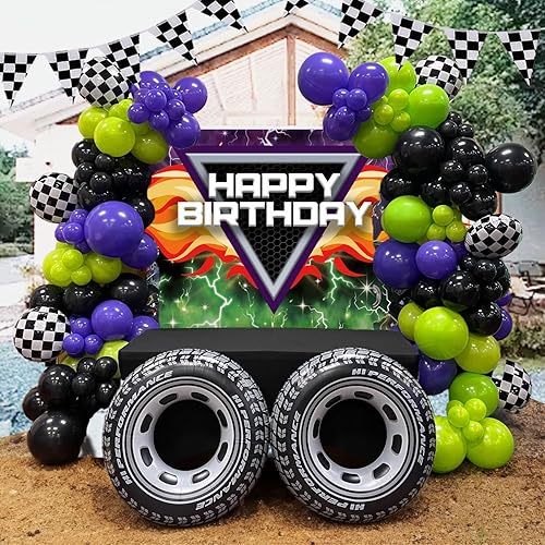 Miniatura 1 de Globo de rueda grande negro y verde oscuro morado para decoración de fiesta de cumpleaños con temática de Monster Jam, fiesta de cumpleaños, baby