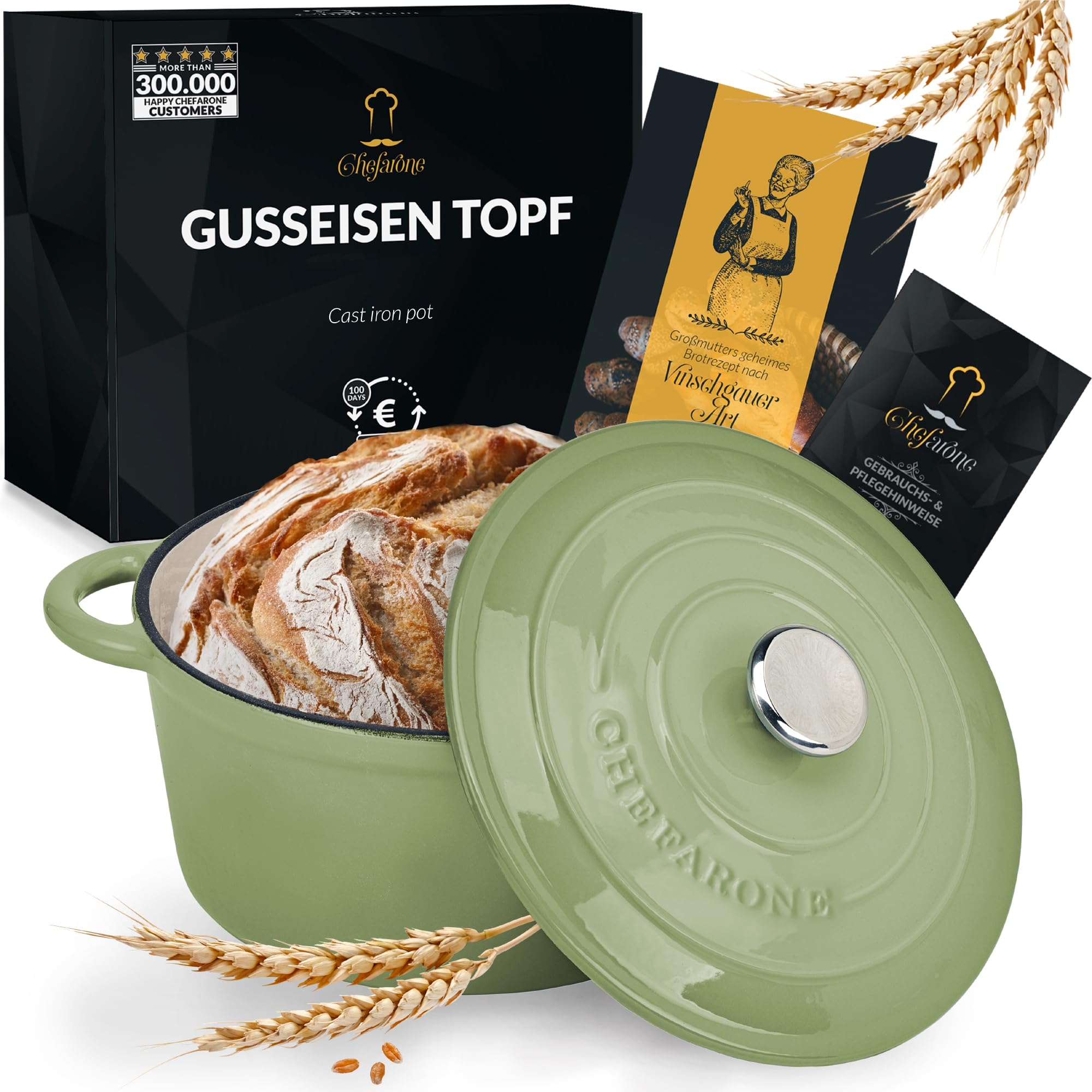 Chefarone Cacerola Hierro Fundido 24 cm 3,5L Esmaltada con Tapa Inducción Horno – Cocotte Multiusos para Hornear Pan Guisar Freír Cocinar