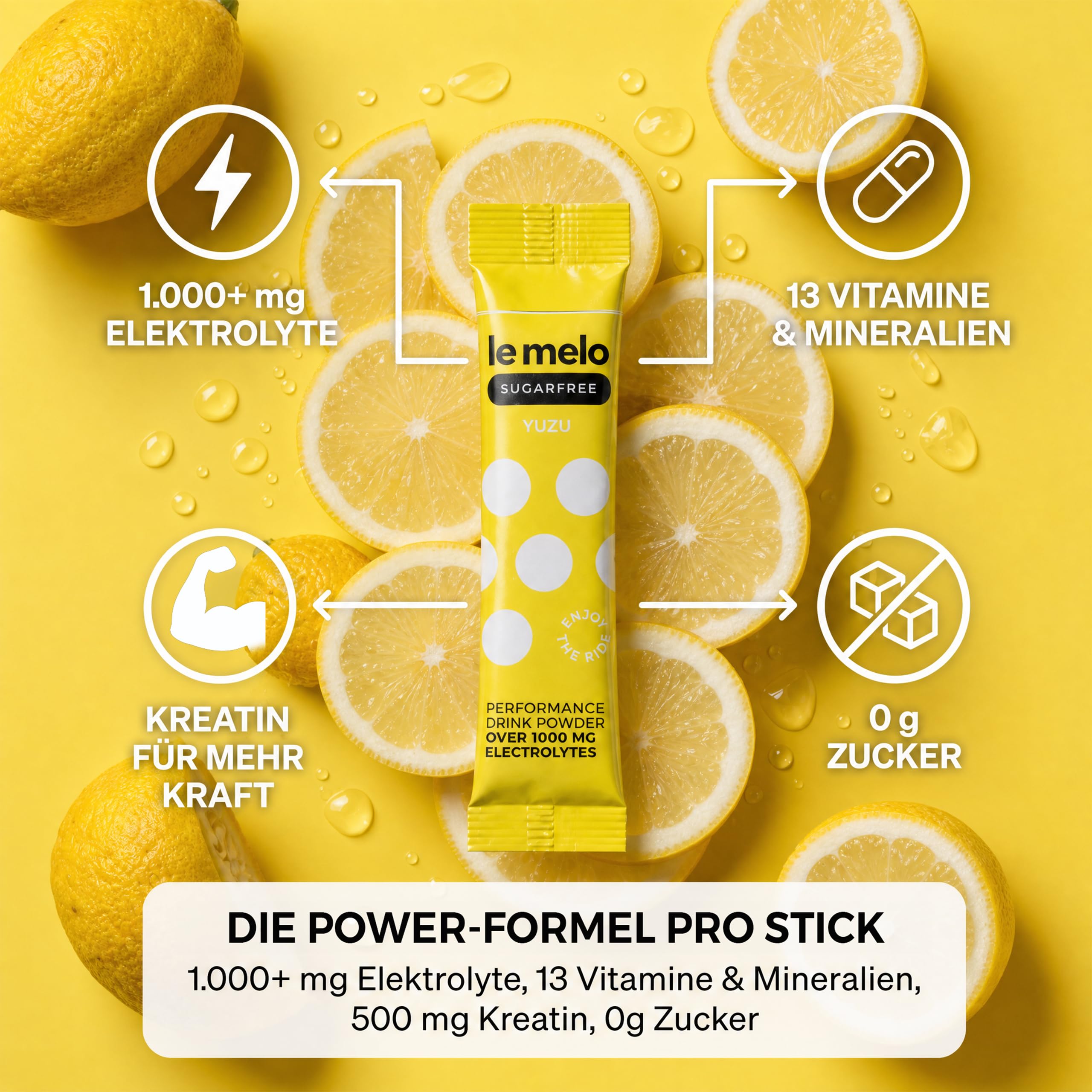 le melo® Elektrolytgetränk | 1.000+ mg Elektrolyte, Vitamine & Mineralstoffe | Optimiert Wasseraufnahme | Für Sport & Alltag & Erholung | Mit Kreatin | SUGARFREE YUZU 20er Pack