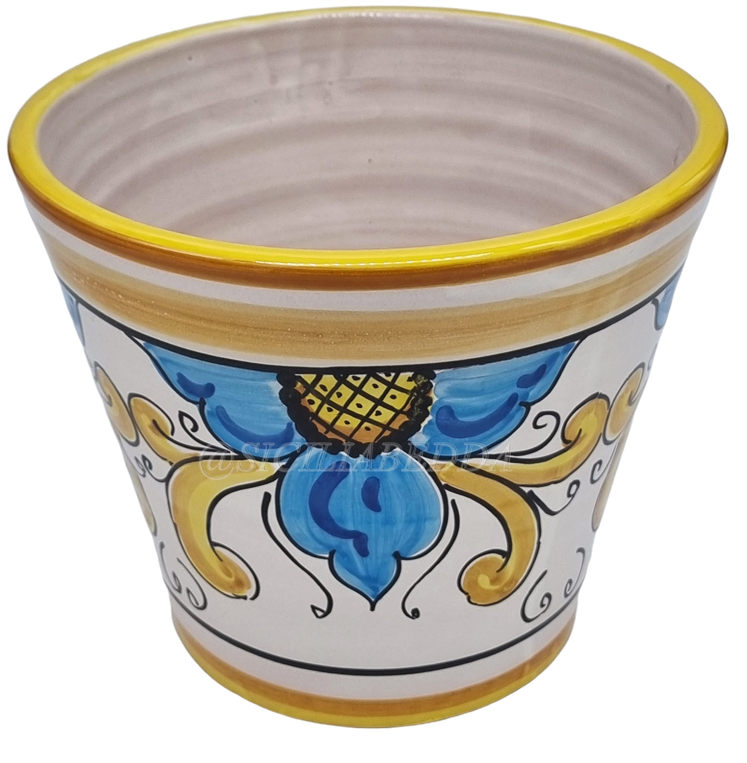 Sicilia Bedda - VASO TRADIZIONALE IN CERAMICA SICILIANA - Prodotto Artigianale di Alta Qualità - Altezza 17 CM Diametro 20 Cm (FIORE BLU)