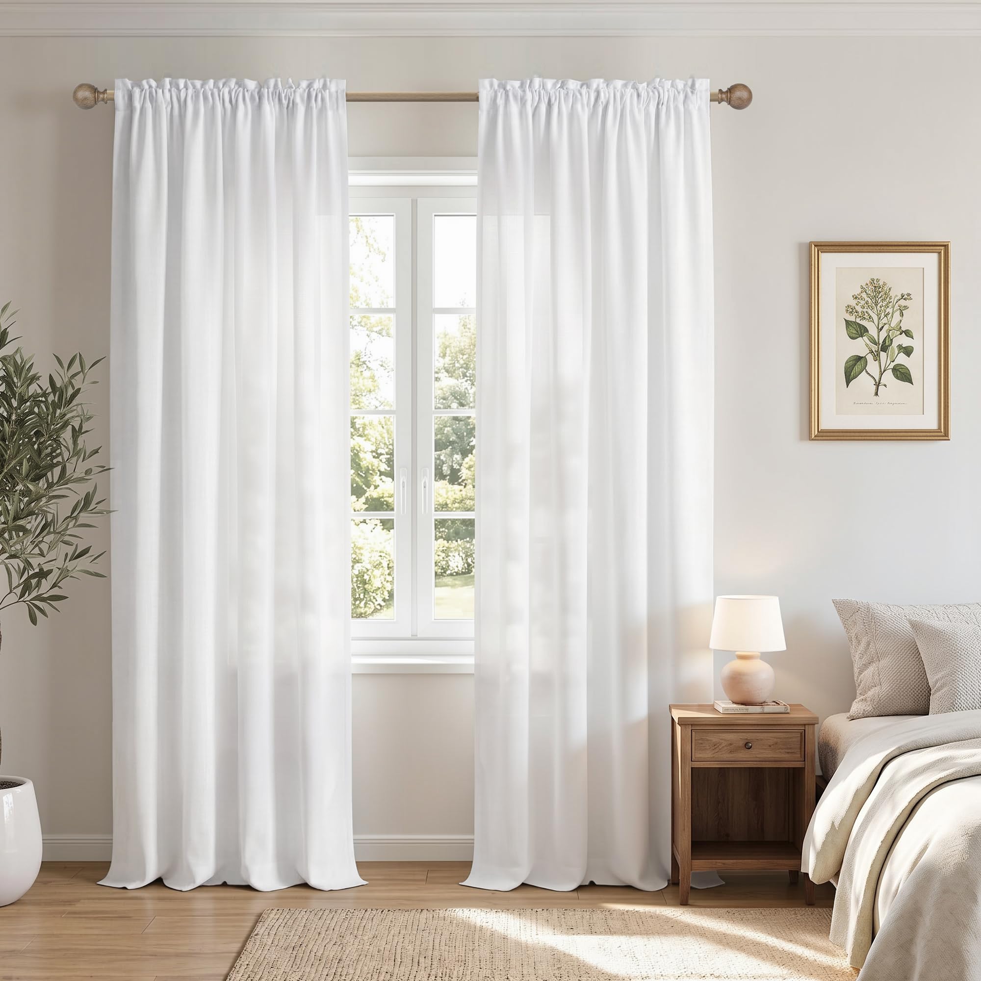 Mrs.Naturall Cortinas de Lino Blanco de 90 Pulgadas de Largo para Dormitorio, Cortinas semitraslúcidas Que filtran la luz, Cortinas sólidas para Sala de Estar, Oficina, Puertas de Armario, 52 x 90