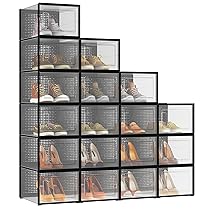 SONGMICS Scatole per Scarpe, Pacco da 18 Contenitori per Scarpe, Organizzatori Porta Scarpe Pieghevoli e Impilabili, Fino a Taglia 46, Trasparente e Nero LSP007B18