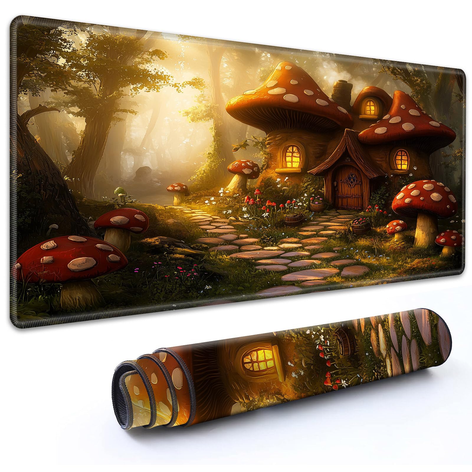 RMJKXQZG for MTG Playmat 24" x 14" with High Elastic Rubber Base Non-Slip Rubber Sole HD Printing for TCG Mat Magic Playmats MTG Game Mat, Wild Red Mushroom House