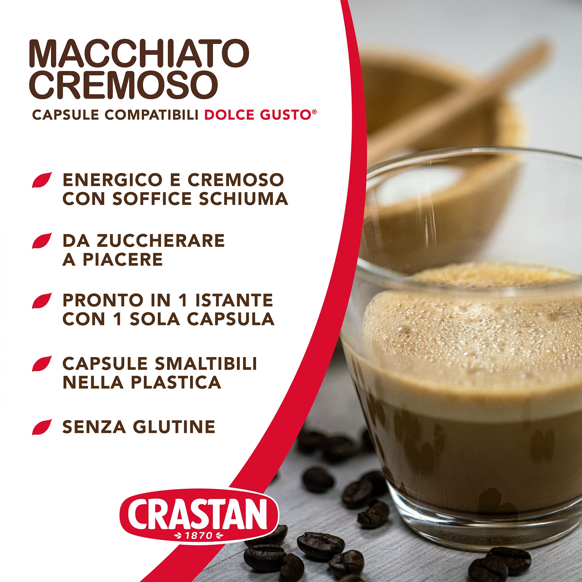 CRASTAN 1870, 80 Cápsulas, 8 cajas de 10 cápsulas de bebida con sabor moteado y cremoso, cápsulas compatibles con Dolce Gusto de azúcar a placer, espuma perfecta, 100% Made in Italy