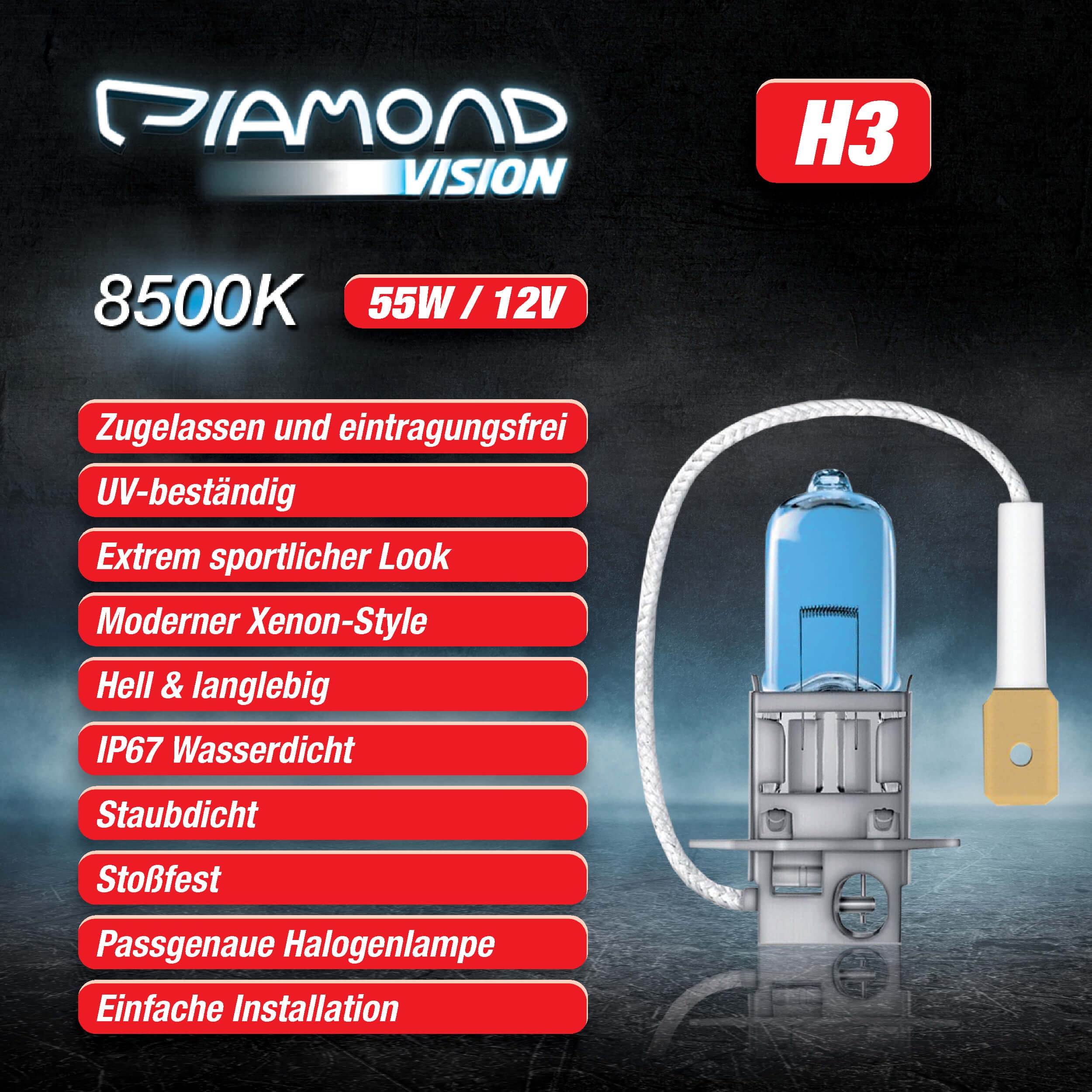 Diamond Vision 2x H3 12V 55W | Xenon Look | Halogen KFZ Autolampen | Kaltweiß | zweimal so langlebig | E-Prüfzeichen | PK22S (Packung mit 2)
