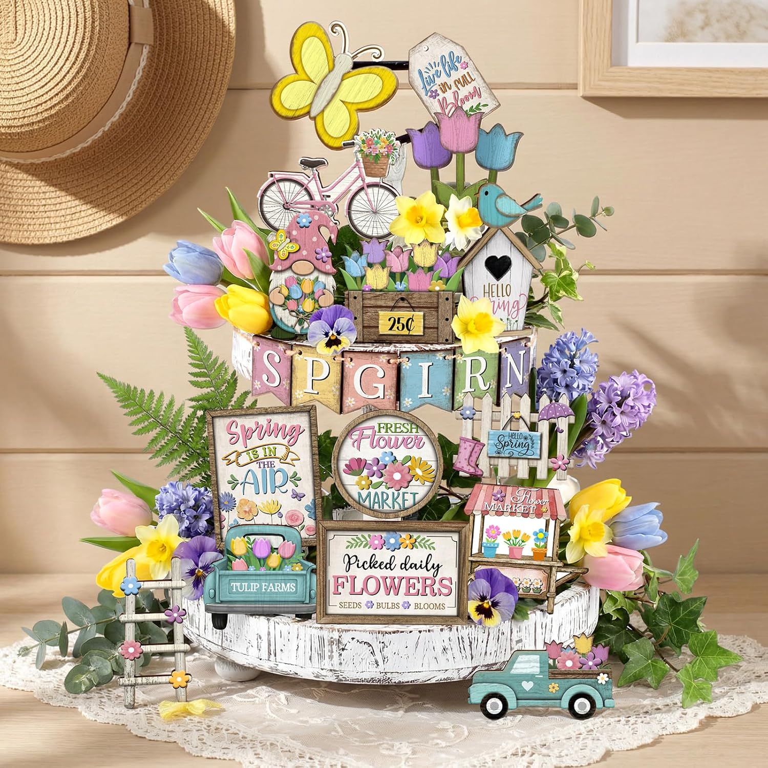 Moucuny 24 Pcs Spring Flower Tiered Tray Decoration Set Farmhouse Tulips Floral Wooden Sign Rustic Spring Table Centerpieces Tulips Tiered Tray Decor for Home Shelf Kitchen Tabletop