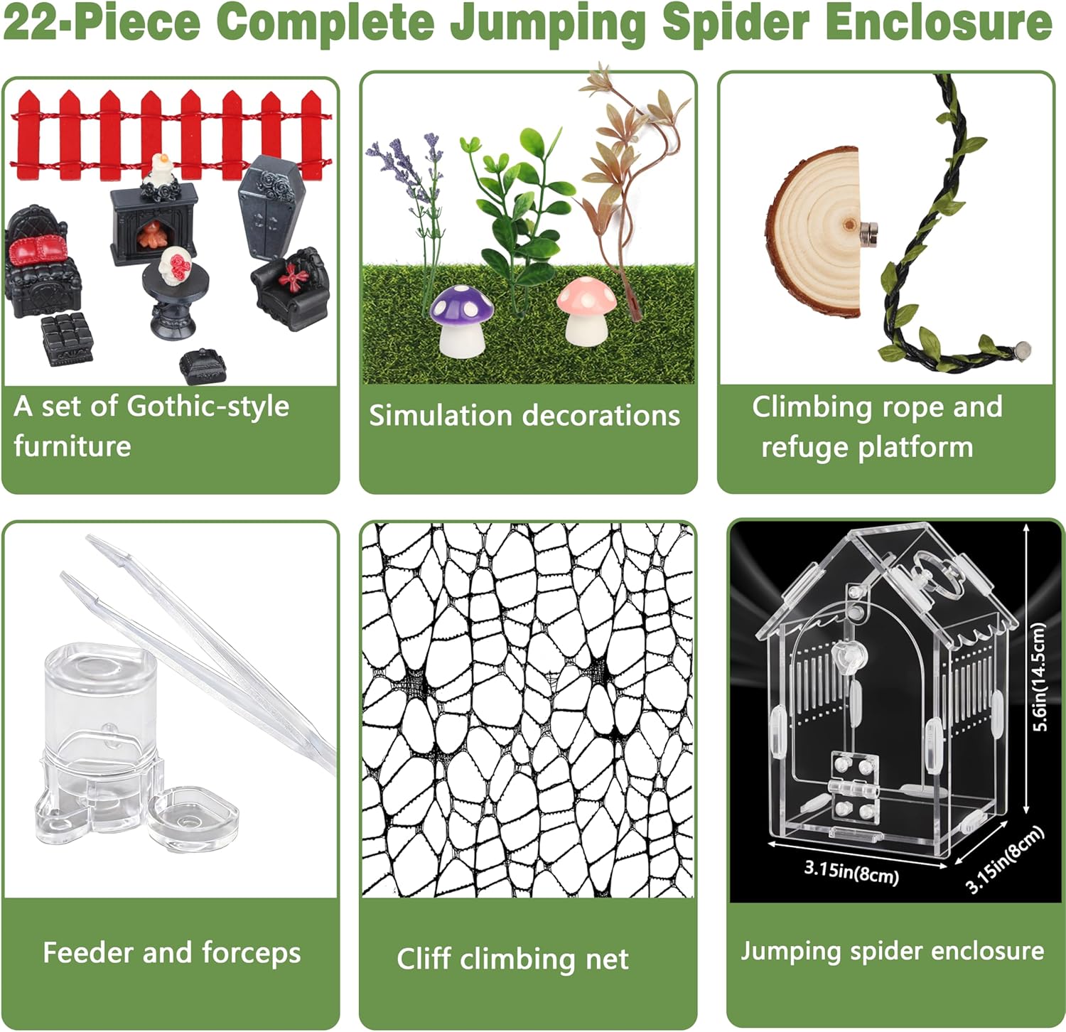 Jumping Spider Enclosure Kit, 22-Piece Acrylic Terrarium with Gothic Furniture & Magnetic Feeding Door, Clear 360 View Small Spider Habitat for Tarantula Mantis Beetle Scorpion
