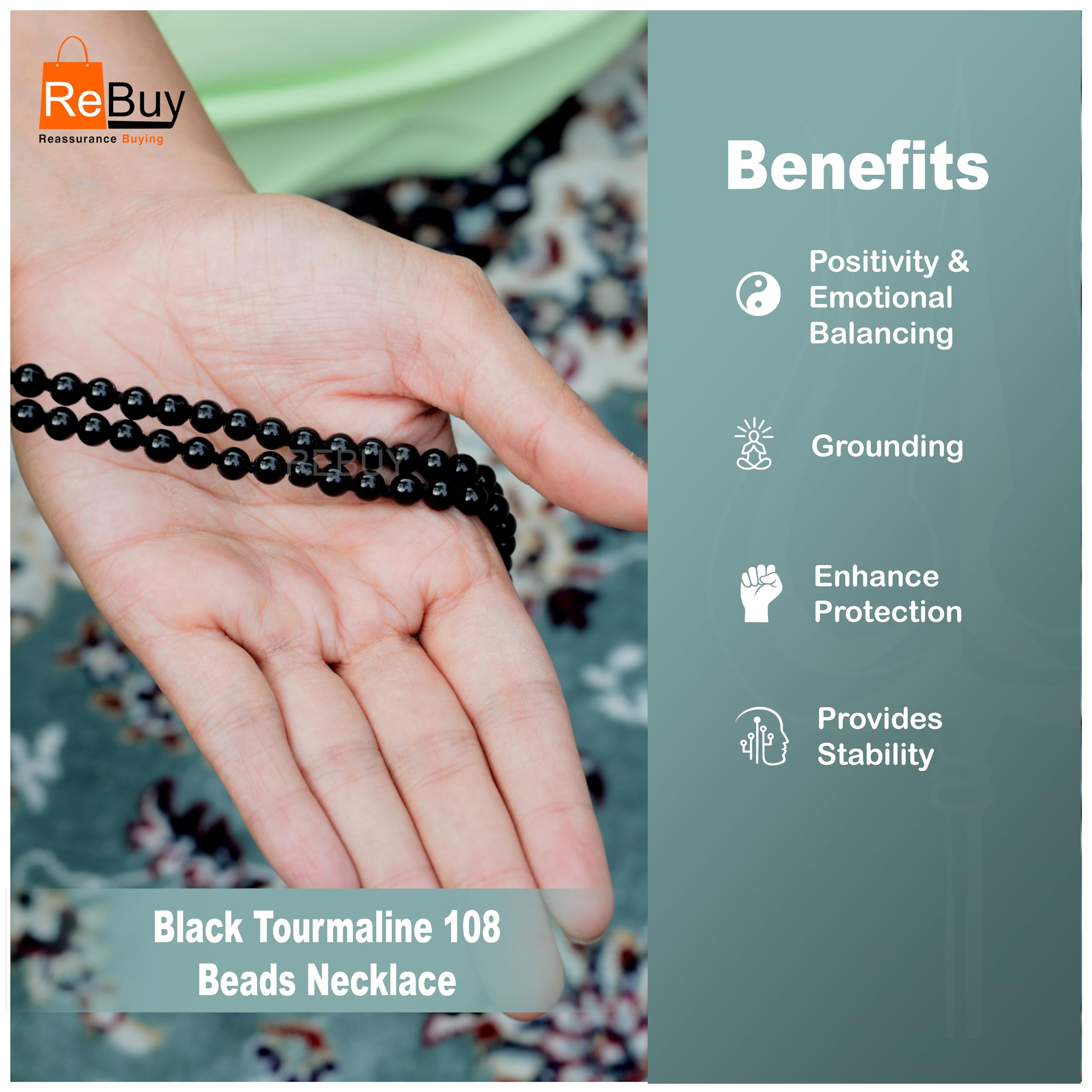 REBUY Natural Black Tourmaline Mala with 109 Beads for Men and Women (Beads Size 6 MM) 1