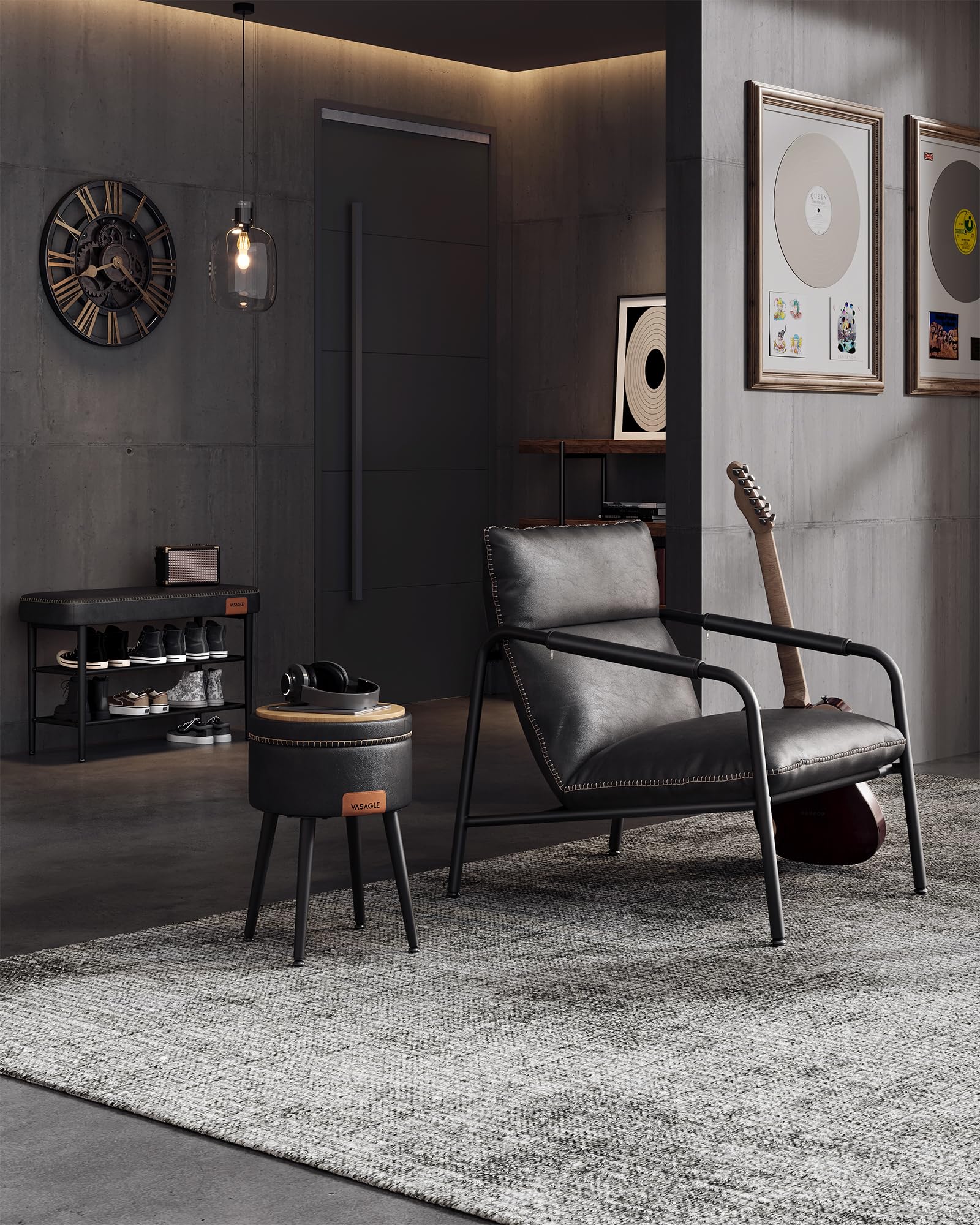 VASAGLE EKHO Collectie - Woonkamerfauteuil, Accentfauteuil met armleuningen, metalen frame, PU met stiksels, Mid-Century Modern, voor slaapkamer, leeskamer, woonkamer, inktzwart LAC014B01