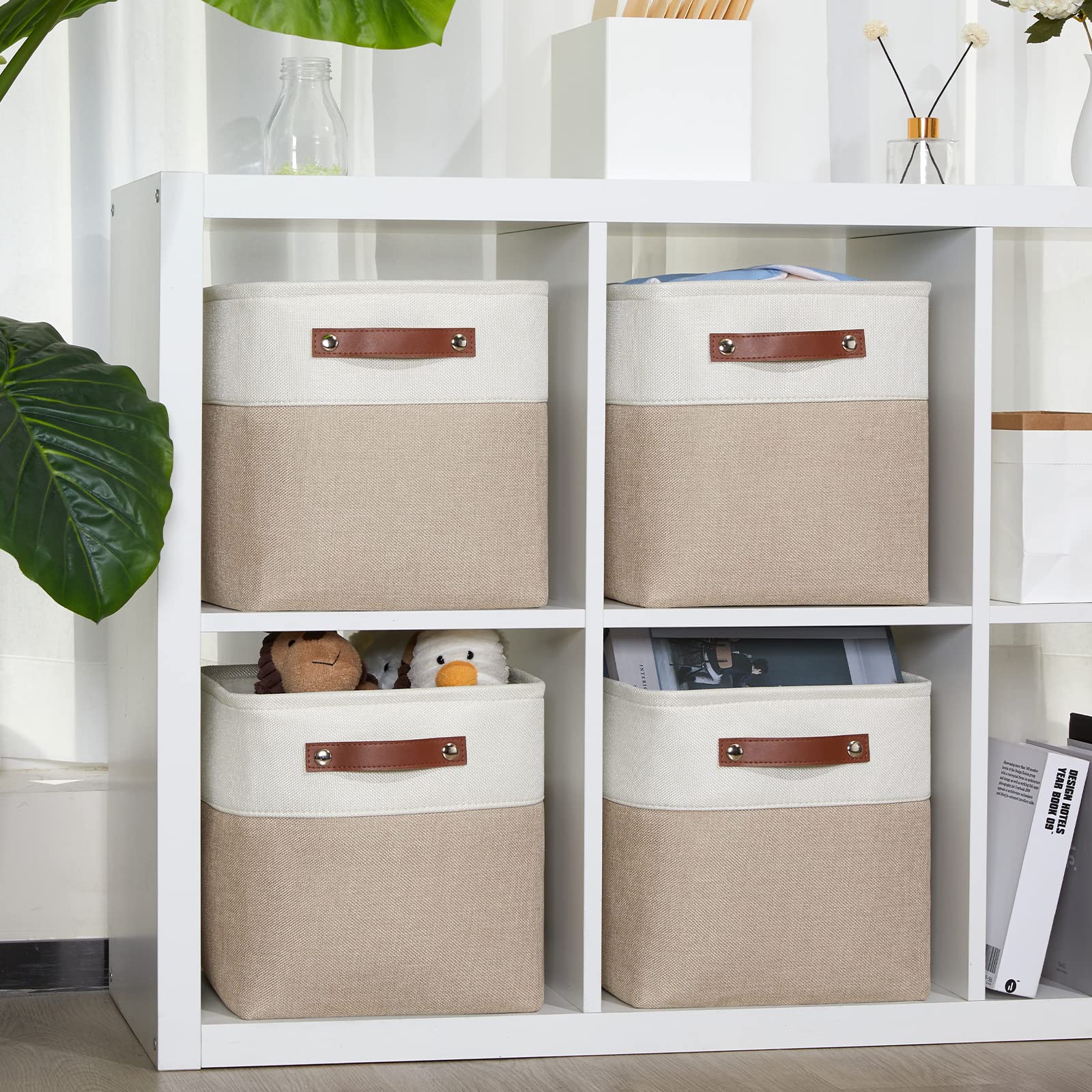 Cesto Portaoggetti In Tessuto DULLEMELO Grande 43x30x38 Cm Con Manici In Pelle - Per Vestiti, Giocattoli, Libri