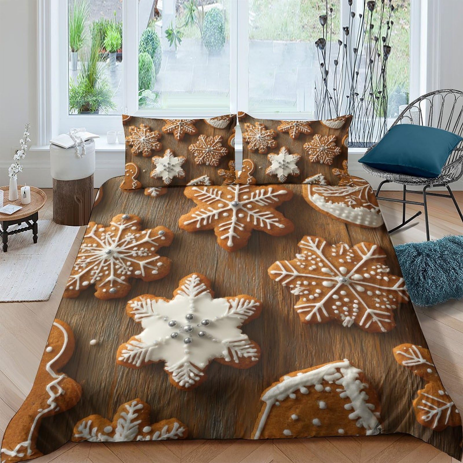 Ctjqhvkz Style-1 3D Printed Gingerbread Snowflake Fitted Sheet Microfiber Soft Non Slip Bed Cover For Bedroom Dorm Guest Room Decor Single（135X200cm）