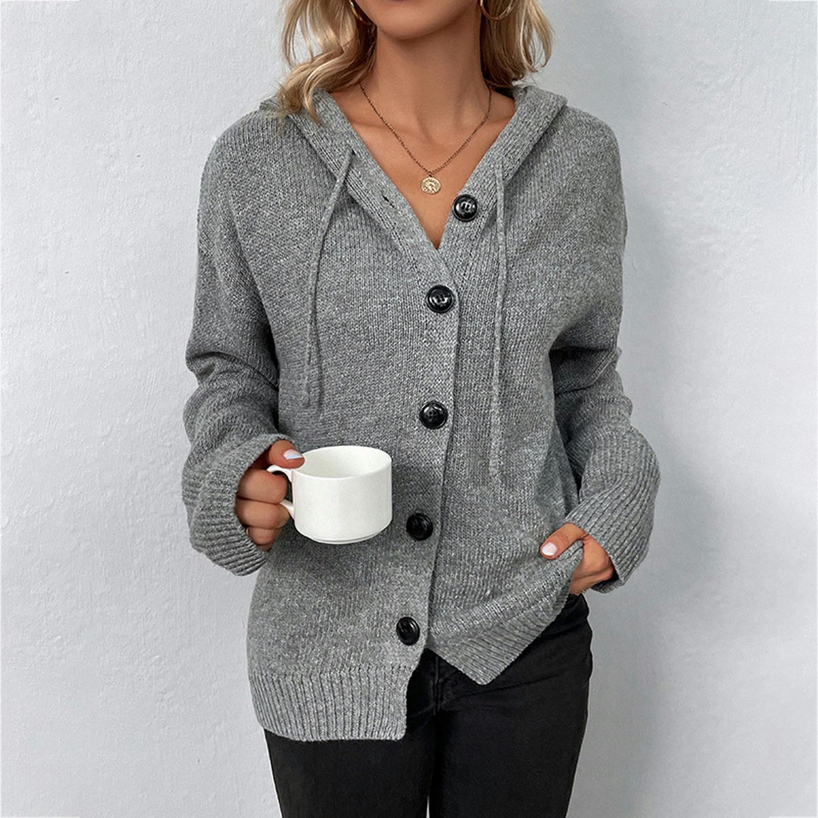TEidea Damski kardigan jesienno-zimowy damski dzianinowy kardigan, zapinany na guziki, ciepły, gruby, z kapturem Sweateroversize Pull Tops, pełny rękaw