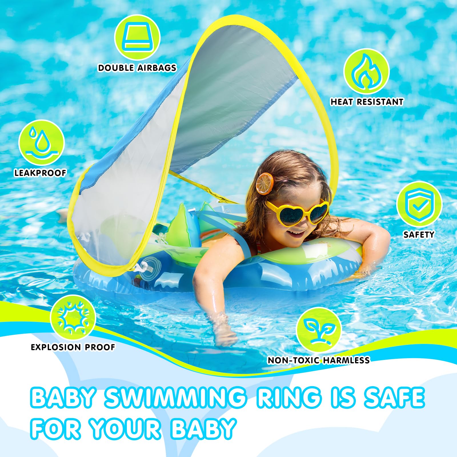 Baby Schwimmring mit abnehmbarem Sonnenschutz und Glöckchen, inklusive 1 x Handpumpe und 2 x Reparaturaufklebern. Kinderfreundliches Design, geeignet für Kleinkinder von 6–36 Monate