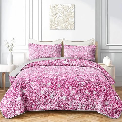 OUIXOTIC Pink Glitter Comforter Set King - Sparkly Shimmer Quilt Bedding, Modern