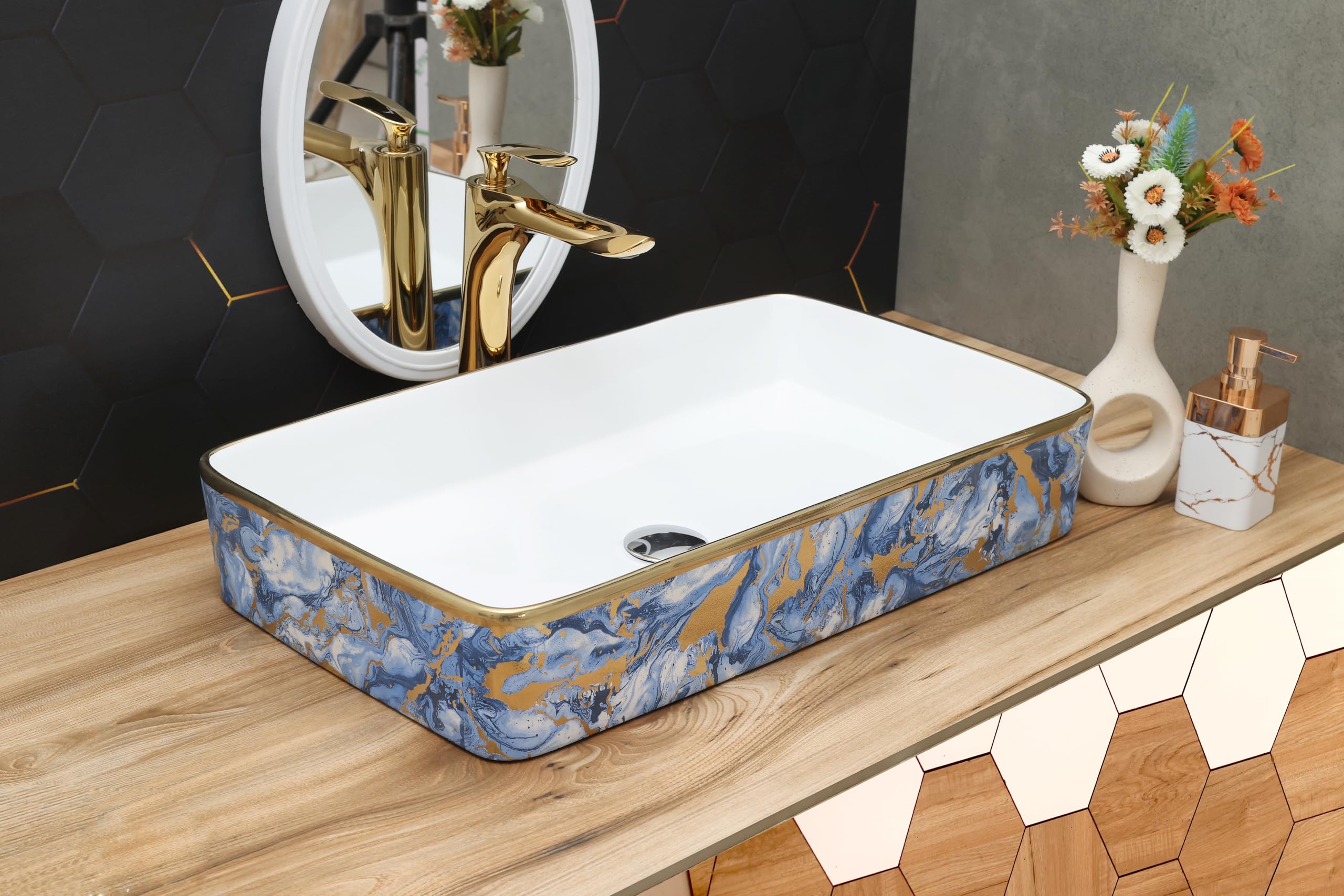 Sonesto Premium Designer Ceramic Wash Basin For Bathroom & Living room Decor Over Counter Bathroom Basin Top Bathroom Sink Glossy Finish (620x350x105 MM) White & Golden (B0D5M8DVX9) Amazon Price History, Amazon Price Tracker