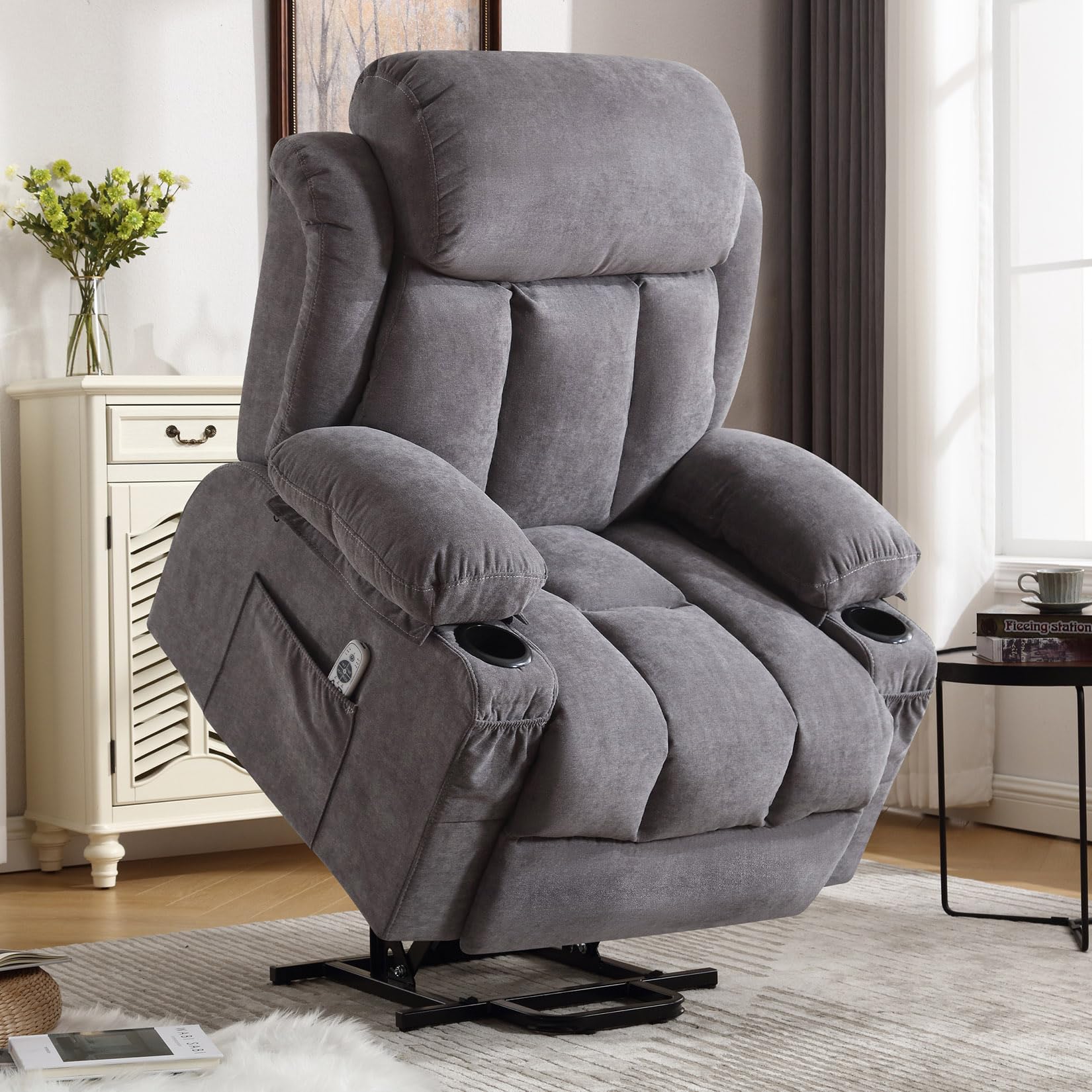 electric power lift recliner chair for elderly with heat & massage, velvet home theater seat living room reclining ergonomic lounge chair zero gravity chairs for adults hold up to 330lbs, grey
