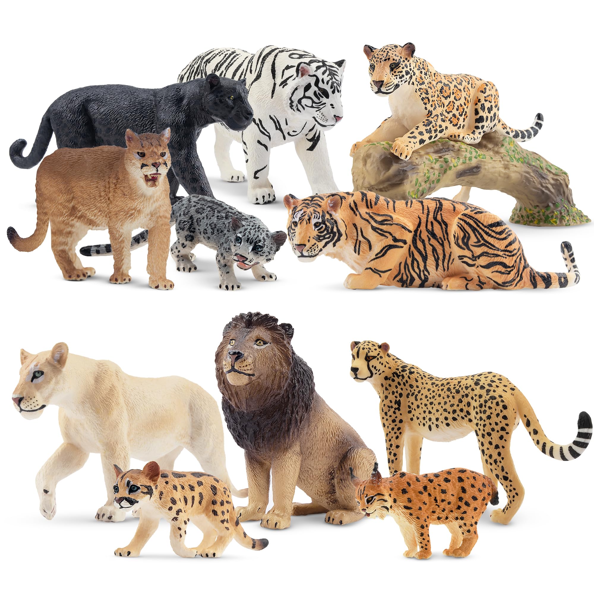 TOYMANY Zestaw 12 figurek zwierząt dżungli i pień drzewa, realistyczne figurki lwów, tygrysów i figurek jaguara, figurki zwierząt z dżungli zoo dla dzieci
