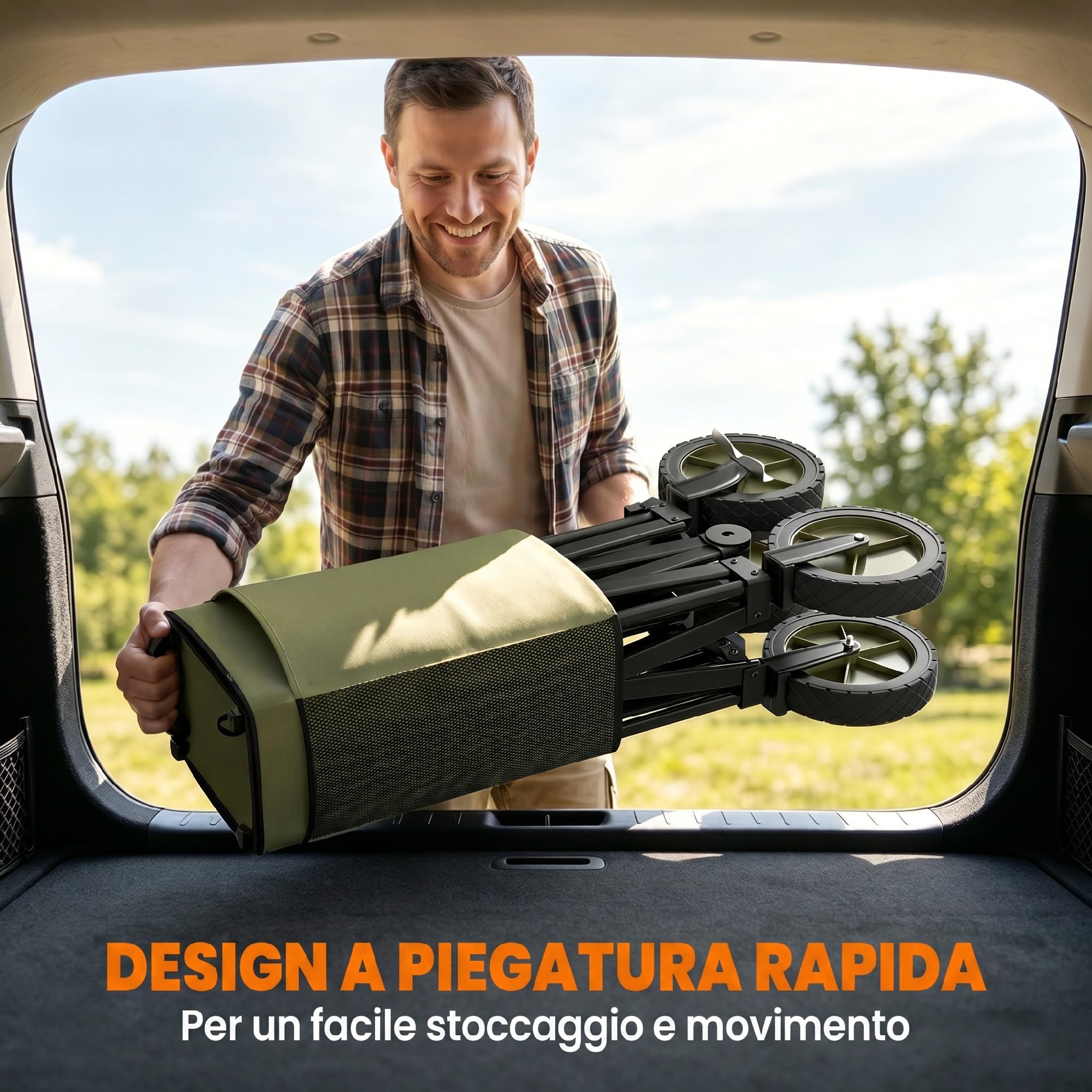 Outsunny Carrello da Giardino Pieghevole 125L 108x55x93 cm Verde | in Acciaio e Tessuto Oxford con Maniglia Retrattile e 5 Sacche