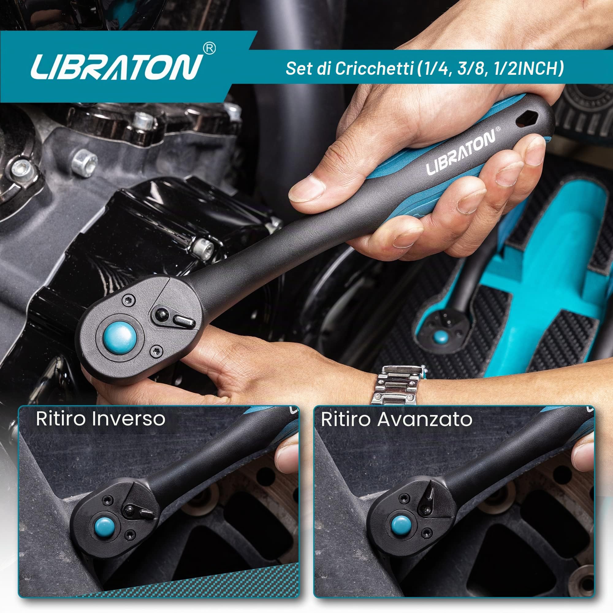 LIBRATON Cricchetto reversibile, Set di 3 chiave a cricchetto 1/4", 3/8", 1/2", impugnatura a cricchetto sgancio rapido a 72 denti, con organizer in EVA