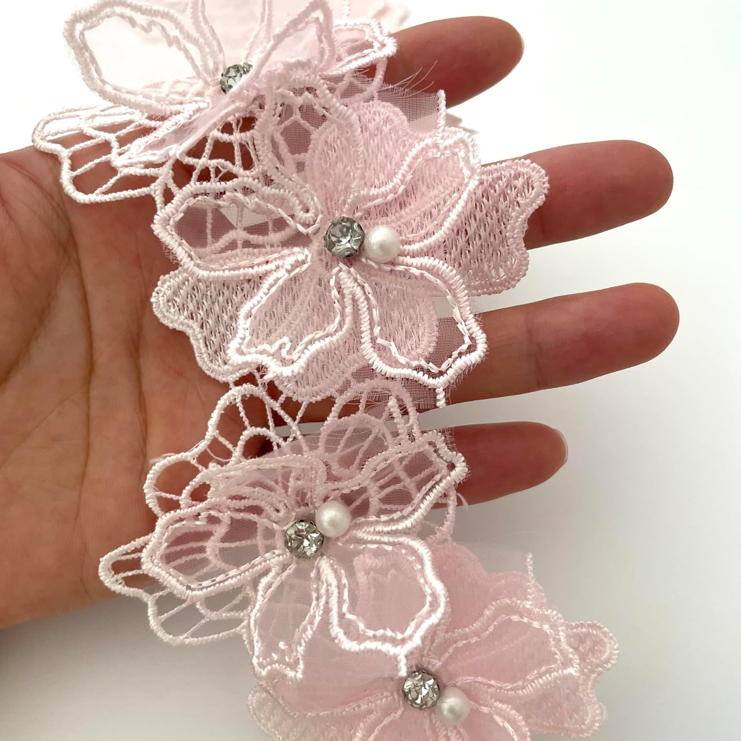 Lace Trim Ribbon,2 Yards 3D Pearl Beads Flower Floral Applique, Pink