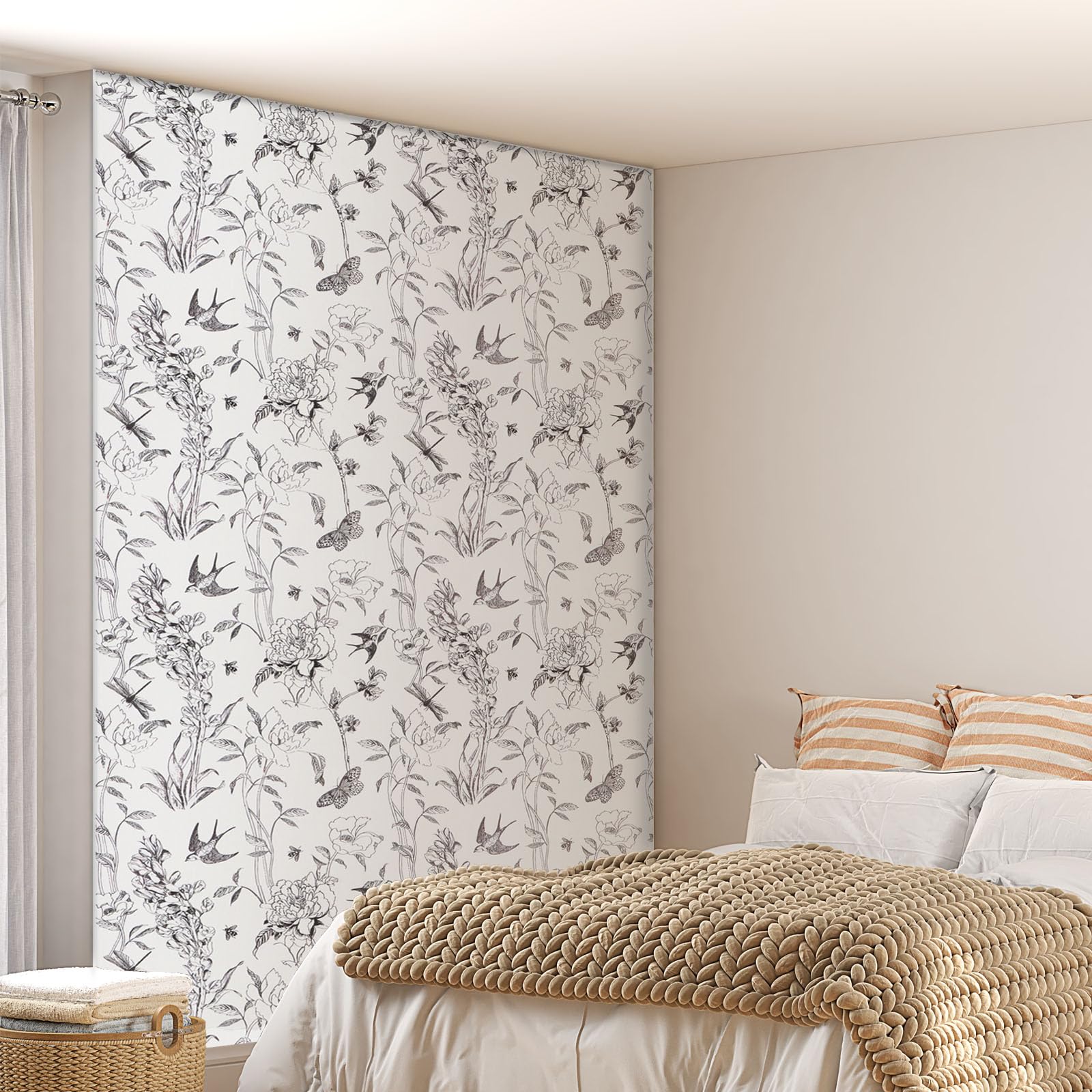 Carta Da Parati Floreale Carta Da Parati Adesiva Floreale Bianco E Nero -  44x1000cm Con Uccelli E Farfalle Per Pareti E Mobili Carta Parati Bianco E  Nero, image size:1600x1600