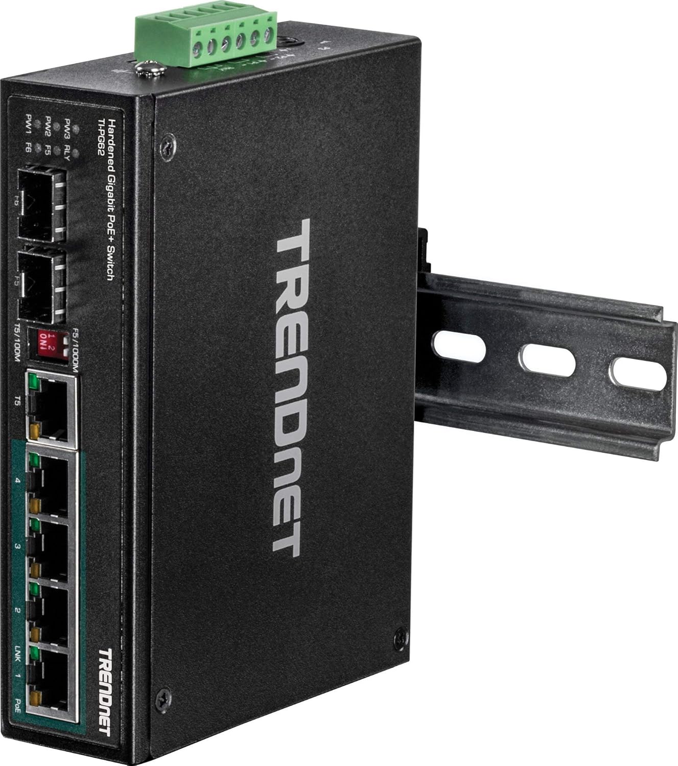 TRENDnet 6-Port Hardened Industrial Gigabit PoE+ DIN-Rail Switch,TI-PG62,4 x Gigabit PoE+ Ports, 1 x Shared Gigabit Port (RJ-45/SFP), 1 x Dedicated SFP, 120 W Power Budget, IP30,(Renewed)