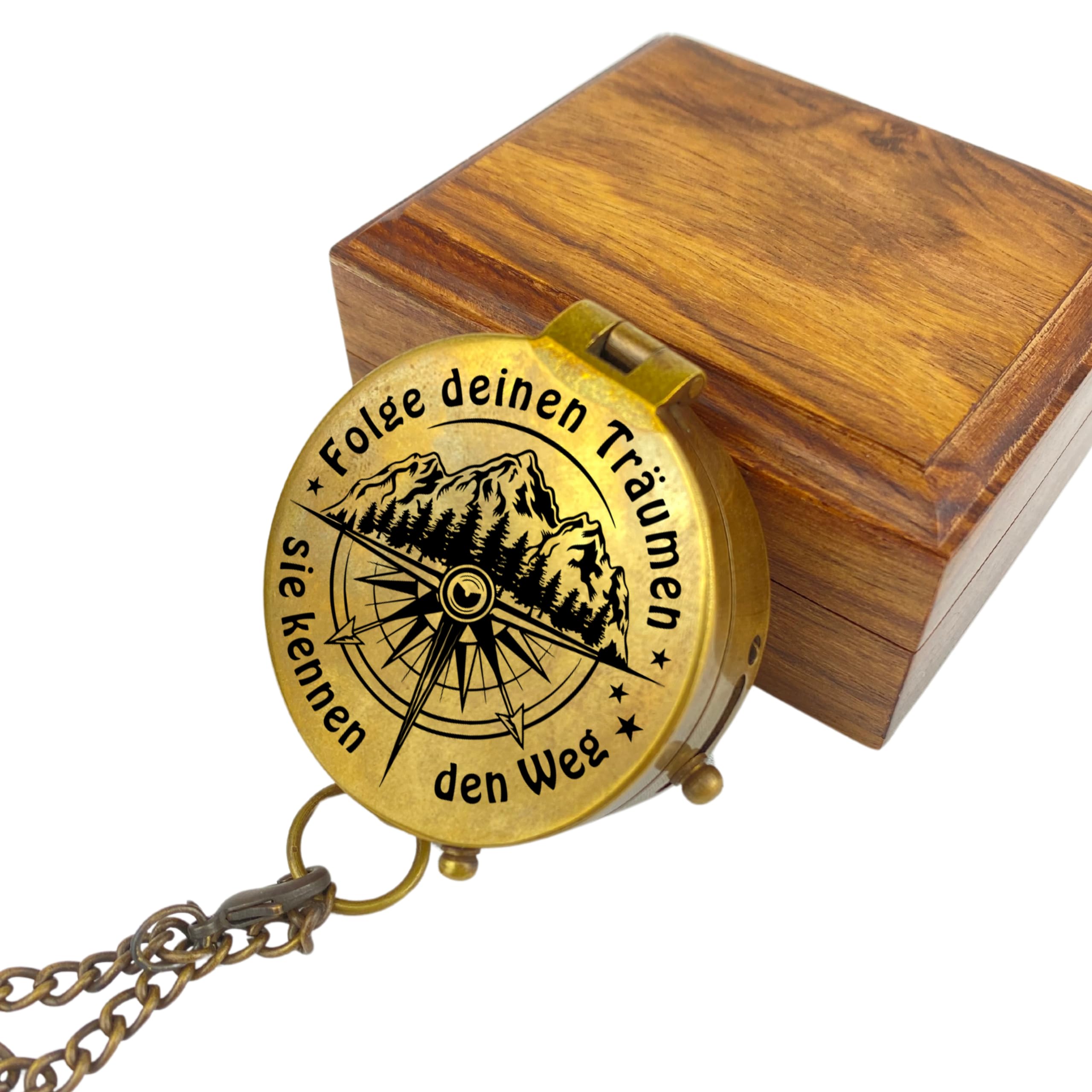 Personalisierter Kompass mit Gravur Wunschmotiv und Wunschtext Name Diverse Designs Messing Ledertasche Geschenkbox tolle Geschenkidee