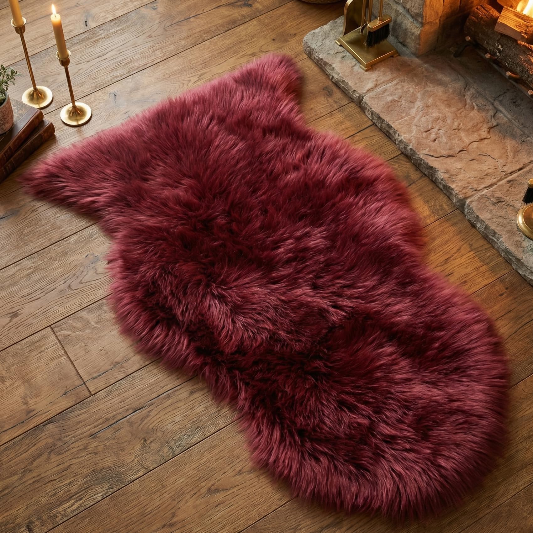 duduta Burgundy Sheepskin Throw Rug 2x3 ft, Fluffy Shag Faux Fur Seat Chair Covers Non Slip Washable