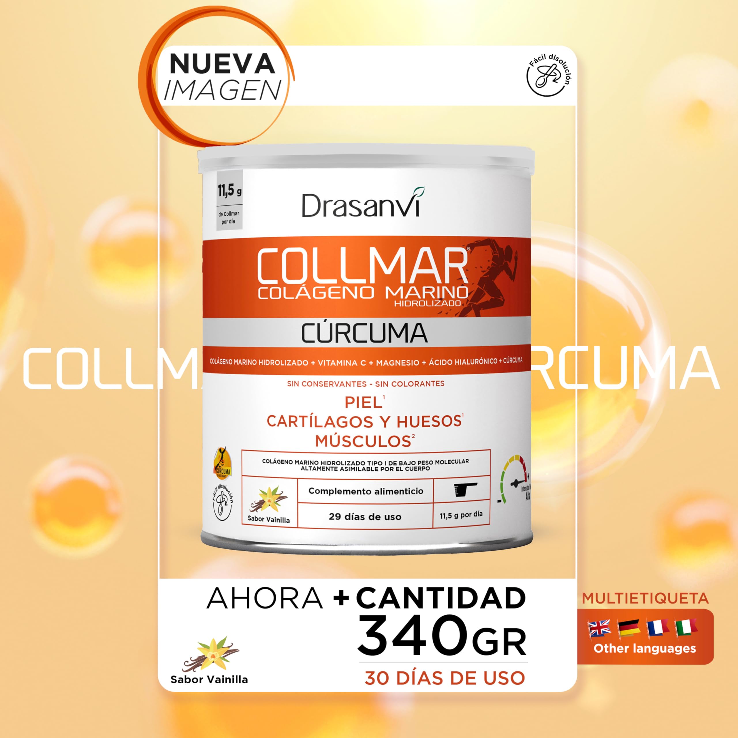 DRASANVI COLLMAR Colageno Marino Hidrolizado + Curcuma con Magnesio, Vitamina C, Ácido Hialurónico| Articulaciones y musculos | Máx. asimilación 9.595 mg/día | 340g de polvo | Collagen Sabor Vainilla