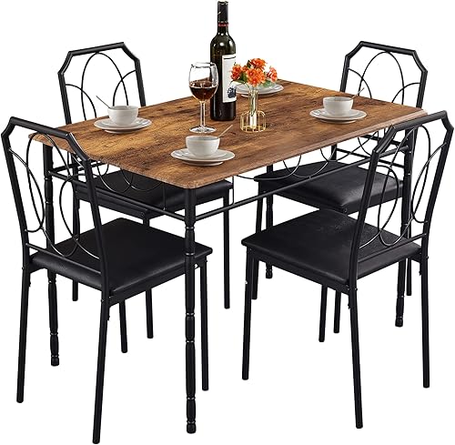 VECELO Juego de 5 piezas mesa y sillas de 433 pulgadas para 4 mesa industrial con altura de mostrador con taburetes de bar mesa de desayuno