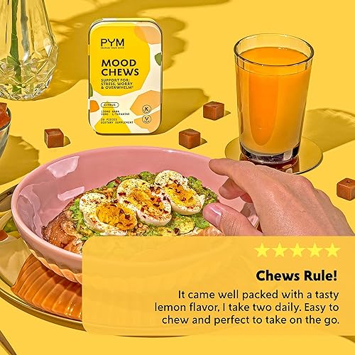 Miniatura 6 de PYM Citrus Mood - Masticables para el estrés, la preocupación y la abrumación, 20 unidades - 130 mg GABA, 90 mg de L-teanina - Vegano, sin OMG, sin