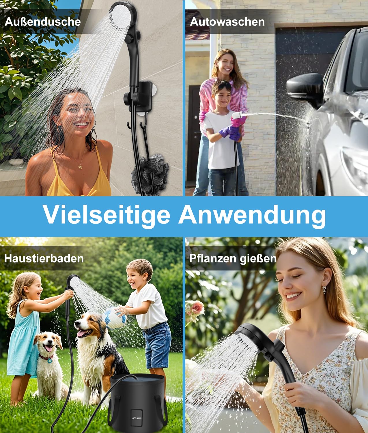 WADEO Tragbare Campingdusche Akku mit Pumpe und Wasserbehälter 20L, Outdoor-Camping-Duschset mit Akku 6000 mAh wiederaufladbar, für Camping Reisen Garten Wandern Autowaschen Tierbaden Notfälle