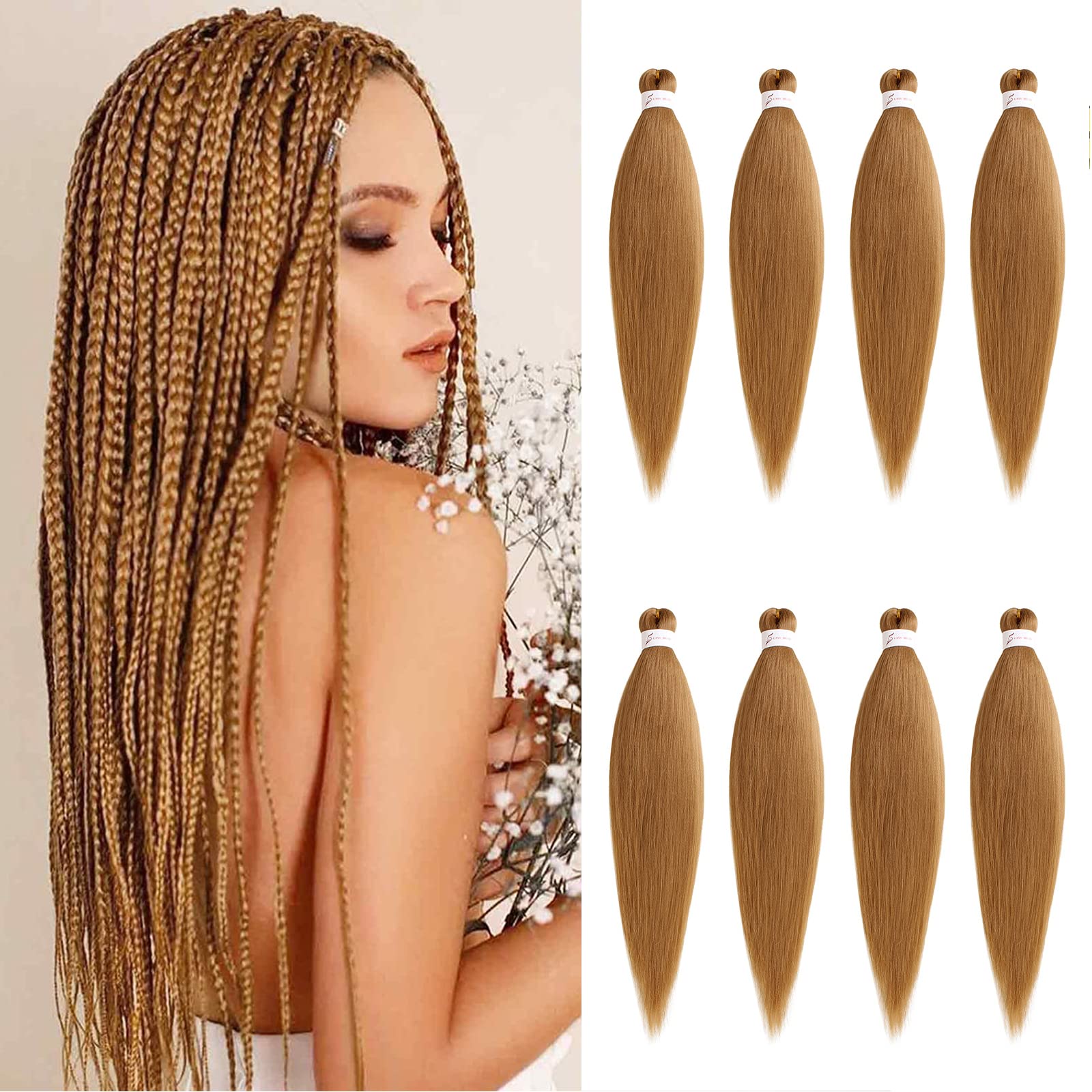 Xtrend 8 Packs 16 Inch EZ Braiding Hair Extensions Pre Stretched for Box Braids Yaki Straight Hair Kanekalon Fiber Pre Stretched Crochet Braiding Hair Extension 27#