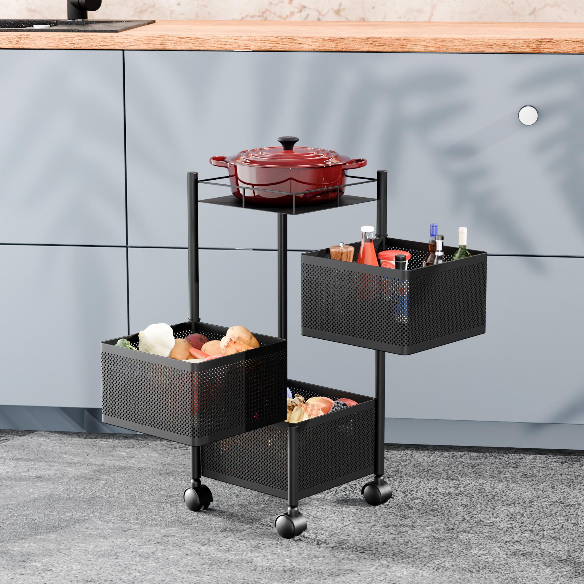 TEX-RO Kitchen Trolley with Wheels | 3-Layer Metal Vegetable Basket Stand & Kitchen Storage Rack | Multipurpose Kitchen Organizer for Onion Potato Storage (Small,Black)