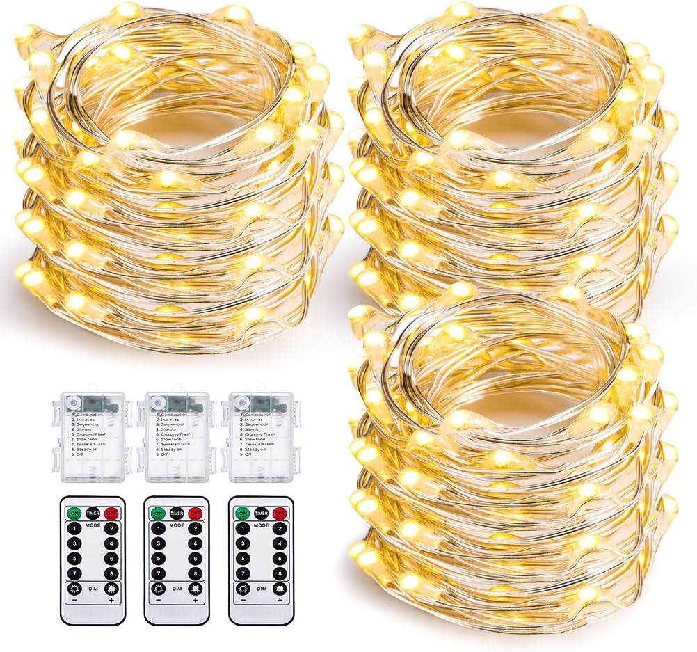 Oak Leaf Twinkle Lights Battery Operated 19.7ft 60-LED String Lights Fairy Lights with Remote, Waterproof, Warm White, 3-Set.