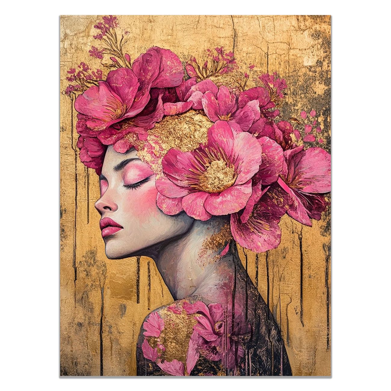 QUSAAOU Wall Decor Paintings Lady Pink Peony Gold Flandscape Minimalista Modern Home Decoration Paintings Suitable Living Rooms Bedrooms Already Framed Ready Hang(gold)-30x45cm1 Unframed